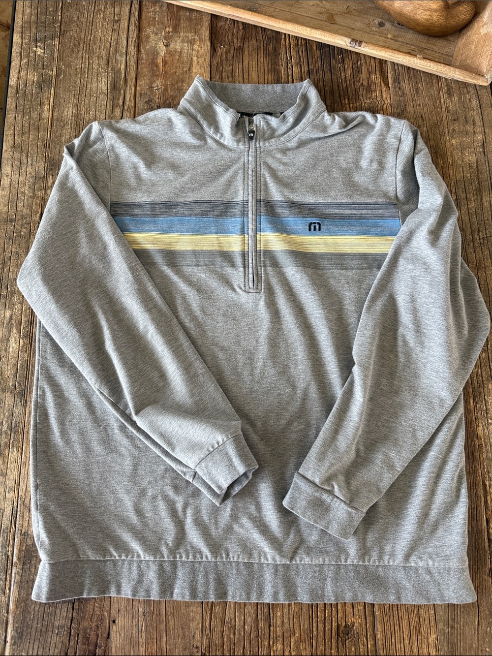 Travis Mathew Gray Quarter-Zip Pullover with Blue and Yellow Stripe